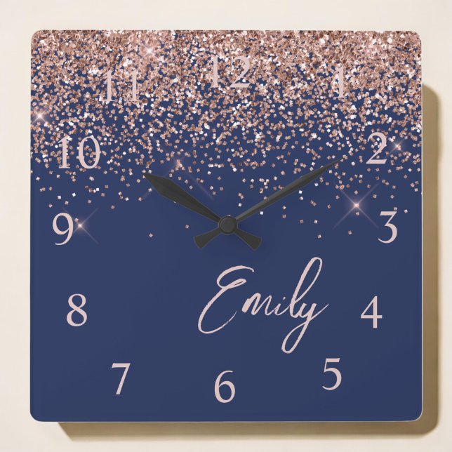 Horloge Carrée Rose bleu marine Gold Blush Pink Parties scintilla (Créateur téléchargé)