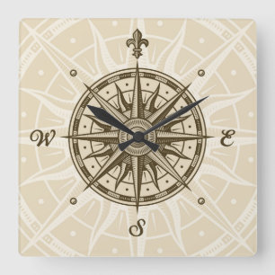 Horloge Carrée Rose de boussole vintage