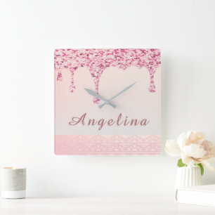 Horloge Carrée Rose Élégant Paillettes Mariage Dégoulinant Dentel
