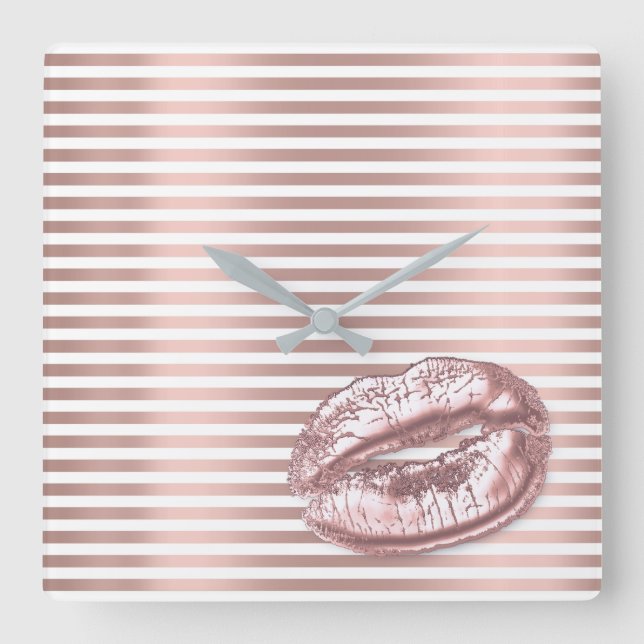 Horloge Carrée Rose Gold Blanc Arabe Numéros Kiss Lips Stripes (Recto)