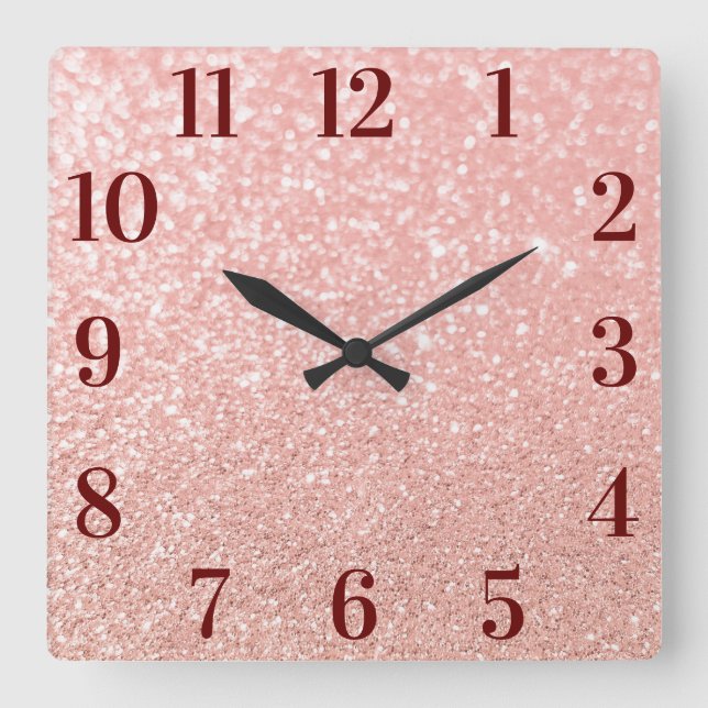 Horloge Carrée Rose Gold Faux Glitter Elegant Burgundy Numbers (Recto)