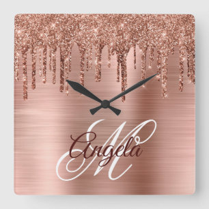 Horloge Carrée Rose Gold Pailleté Brillant en Feuille Dégoulinant