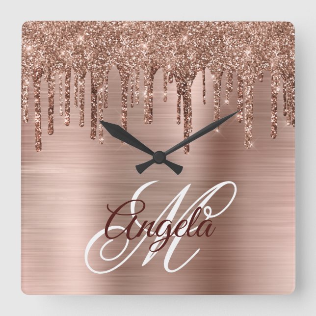 Horloge Carrée Rose Gold Pailleté Brillant en Feuille Dégoulinant (Recto)