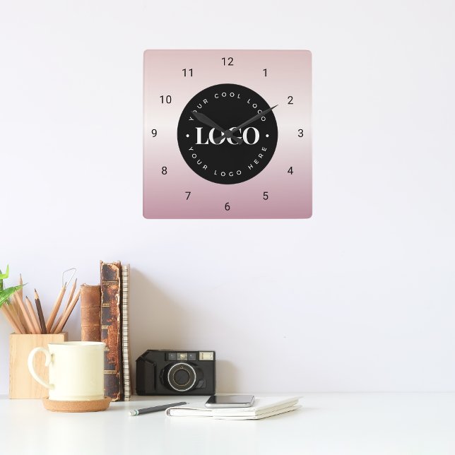 Horloge Carrée Rose Gold Pink Gradient Custom Logo Company Office (Créateur téléchargé)