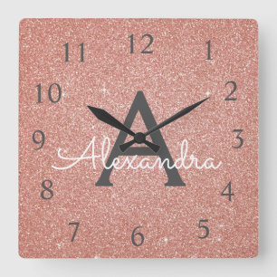 Horloge Carrée Rose - nom rose de monogramme de parties