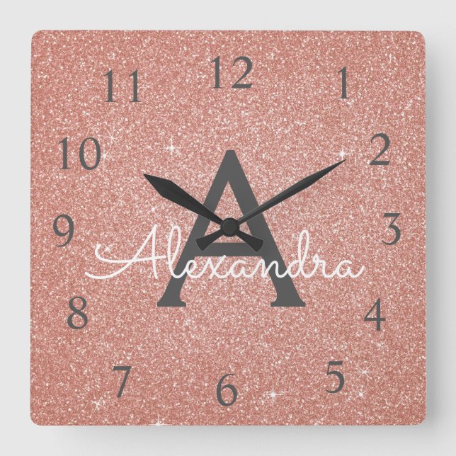 Horloge Carrée Rose - nom rose de monogramme de parties (Recto)