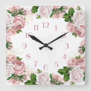 Horloge Carrée Rose Pâle Vintage Fleurs Aquarelle Blanche