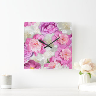Horloge Carrée Rose Pivoine Blanche - Floral Romantique