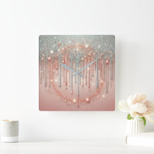 Horloge Carrée Rose Poudré Élégant & Glitter Drip Argenté
