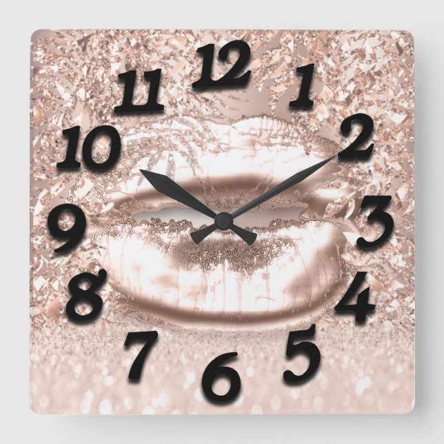 Horloge Carrée Rose Rose Floral Glitter Kiss Lips Numbers Beauty (Recto)