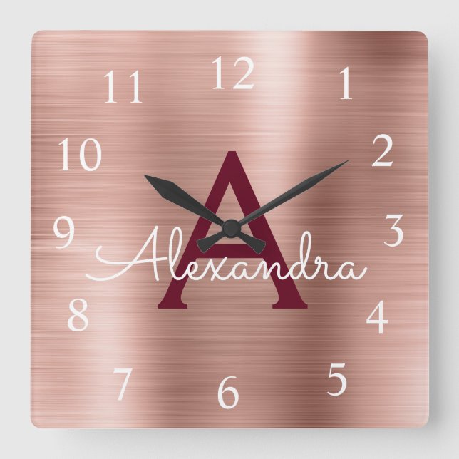 Horloge Carrée Rose Rose Gold Burgundy Métallc Monogram (Recto)