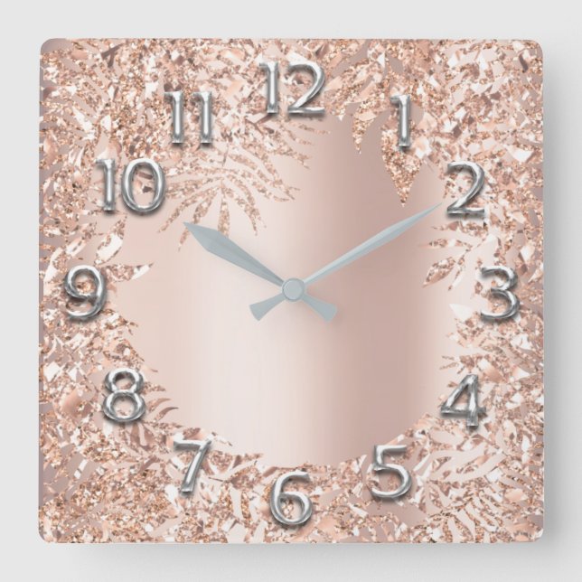 Horloge Carrée Rose Rose Or Métallurgique Floral Parties scintill (Recto)