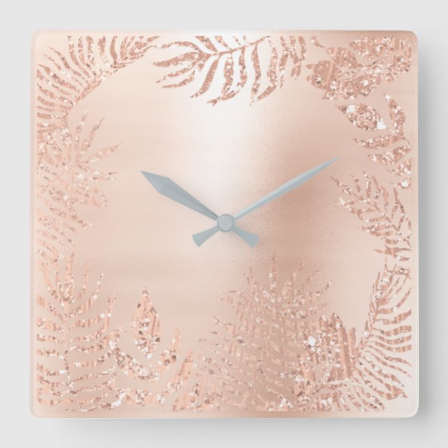 Horloge Carrée Rose Rose Or Palm métallique Botanique Métallique (Recto)