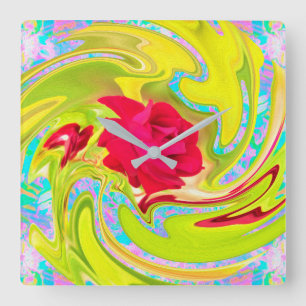 Horloge Carrée Rose rouge abstraite sur tourbillon jaune et aqua