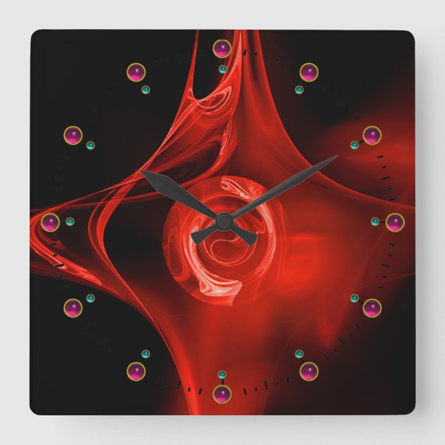HORLOGE CARRÉE ROSE ROUGE FRACTAL DANS LES ROSES NOIRES FUCHSIA G (Recto)