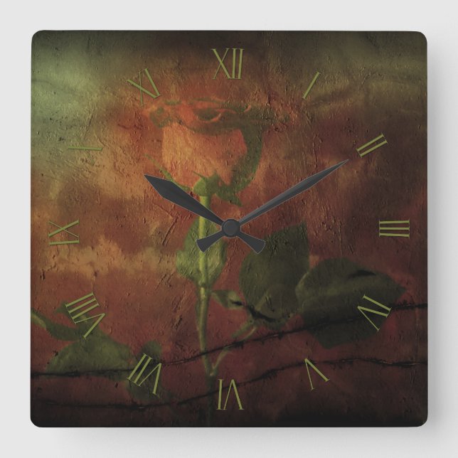 Horloge Carrée Rose rouge sur arrière - plan grunge (Recto)