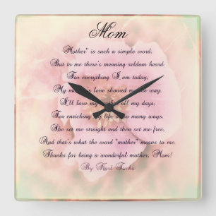 Horloge Carrée Rose sauvage avec poème de mère