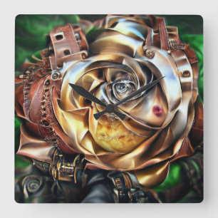 Horloge Carrée Rose Steampunk avec visage surréaliste - Flor méca