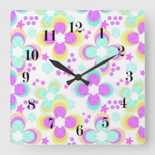 Horloge Carrée Rose, turquoise, floral