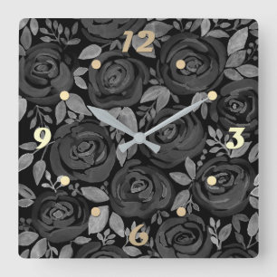 Horloge Carrée Roses d'aquarelle sur un arrière - plan noir, aqua