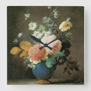 Horloge Carrée Roses, Ranunculus et autres fleurs dans un vase bl