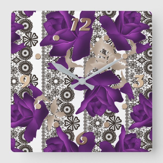 Horloge Carrée Roses rétro, violet (Recto)