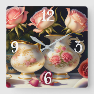 Horloge Carrée Roses roses et théières vintage