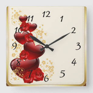 Horloge Carrée Roses rouges et coeurs