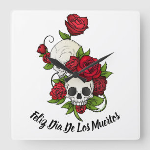 Horloge Carrée Roses rouges et crânes Joyeux Jour des Morts