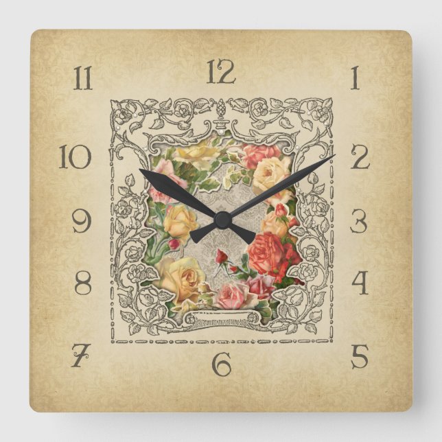 Horloge Carrée Roses sculptés par cru romantique (Recto)