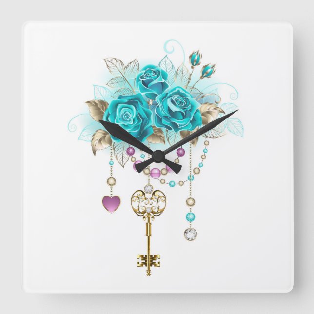 Horloge Carrée Roses turquoise avec touches (Recto)