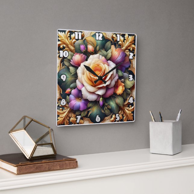 Horloge Carrée Roses Vibrants Avec Design Floral Élégant (Bureau)