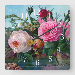 Horloge Carrée Roses Vintage Élégantes