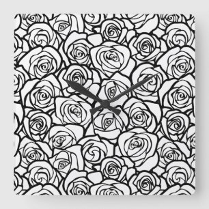Horloge Carrée Roses Vintages en noir et blanc