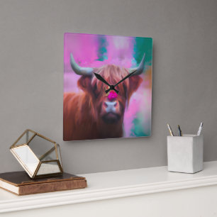 Horloge Carrée "Rosie des Highlands" – Portrait de vache des High