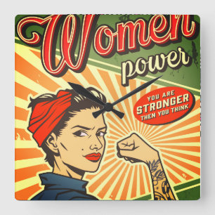 Horloge Carrée Rosie Riveter, Woman Power Retro Design