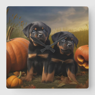 Horloge Carrée Rottweiler Chiot Automne Citrouille de plaisir