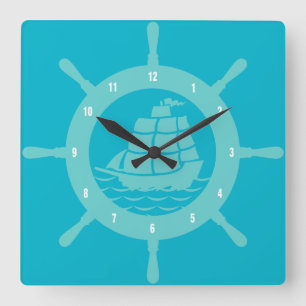 Horloge Carrée Roue Nautique Bleue turquoise Et Aqua