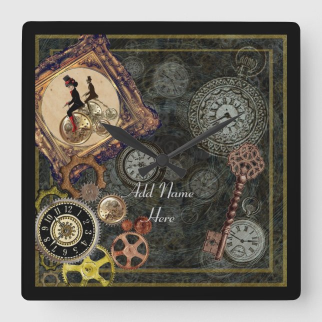 Horloge Carrée Roues Motifs en vapeur, engrenages, engrenages et  (Recto)