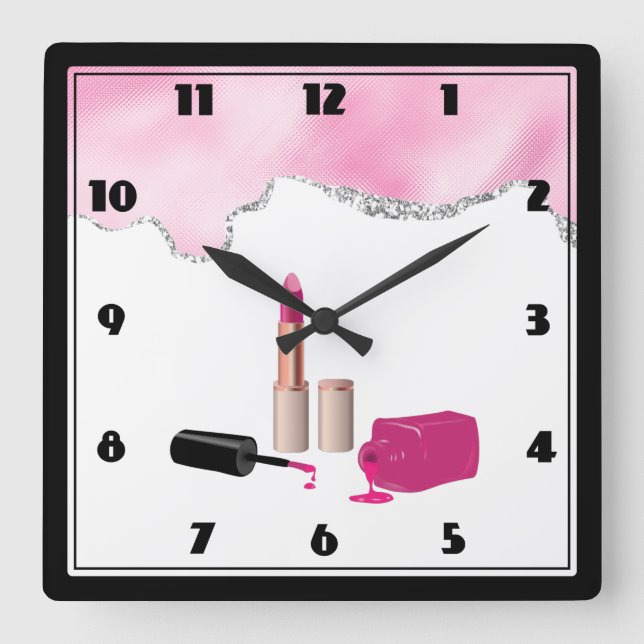 Horloge Carrée Rouge à lèvres rose et ongle Polonais beauté thème (Recto)