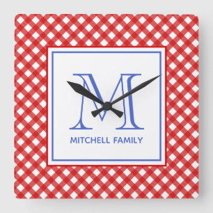 Horloge Carrée Rouge & Bleu Style Pays En vichy Monogramme Motif
