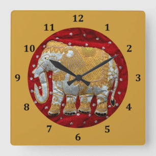 Horloge Carrée Rouge embelli et or d'éléphant d'Asie