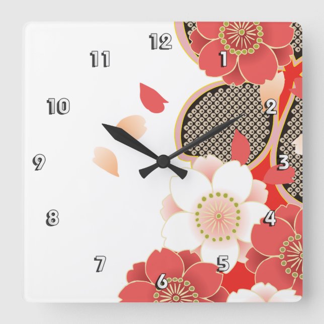 Horloge Carrée Rouge et blanc Sakura Japonais Kimono (Recto)