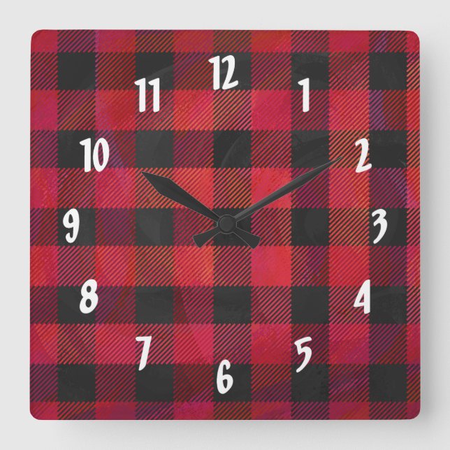 Horloge Carrée Rouge et noir À damiers plaid (Recto)