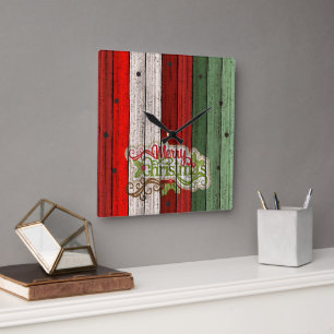 Horloge Carrée Rouge foncé Vert Patiné Planes Motif
