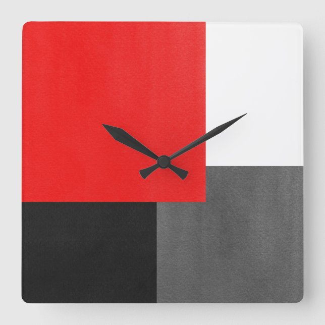 Horloge Carrée Rouge gris noir et blanc bloc géométrique (Recto)