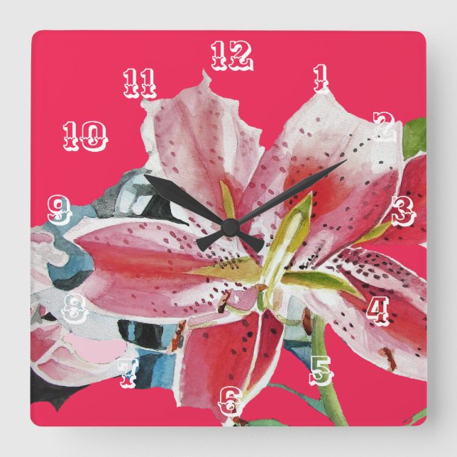 Horloge Carrée Rouge Lily Lys Aquarelle Fleur d'Art (Recto)