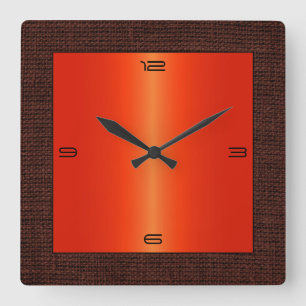 Horloge Carrée Rouge Orange Acier Inoxydable Moderne Bordure Burl