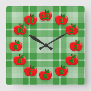 Horloge Carrée Rouge Pommes Vert À damiers Plat En vichy
