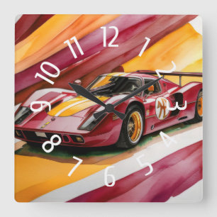 Horloge Carrée Rouge Voiture Race Aquarelle Jaune